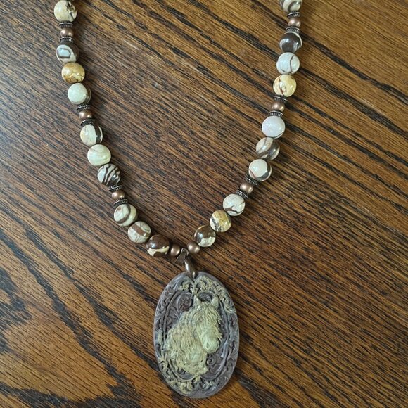 Handcrafted Brown (plum tint) & Cream Jasper Beaded Necklace with Horse Pendant - Picture 8 of 9